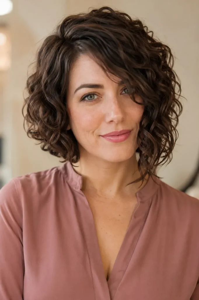 woman with an asymmetrical curly bob haircut featuring rich glossy brunette curls, one side slightly longer than the other, photographed in bright natural window light against a warm ivory background.
