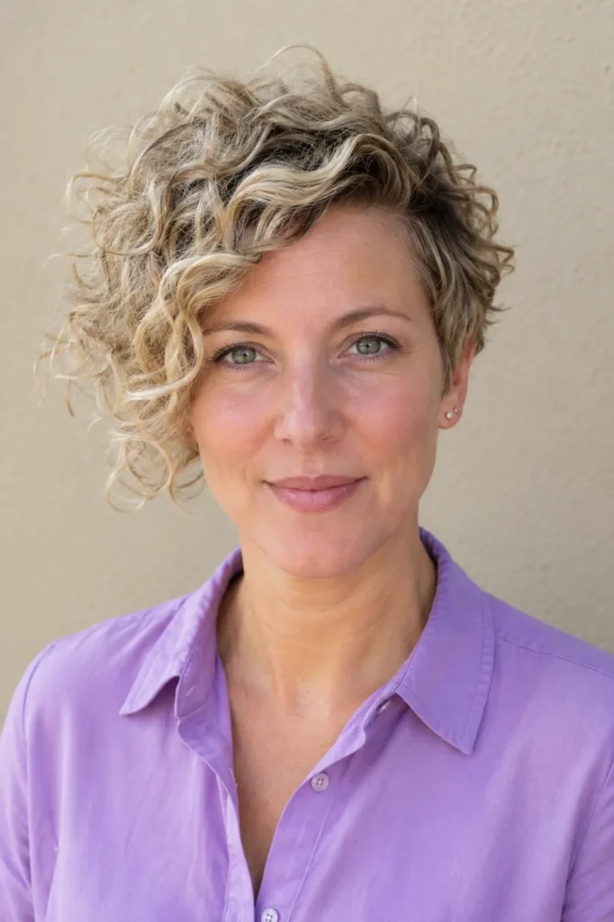 an English woman with a light blonde asymmetrical curly pixie haircut, defined curls, textured layers, and a purple shirt.