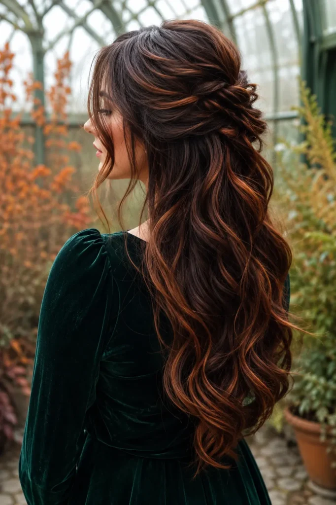 Romantic half-up hairstyle with loose cascading waves and dimensional auburn balayage on long dark brown hair, photographed in a historic botanical conservatory with autumn foliage and arched glass windows.