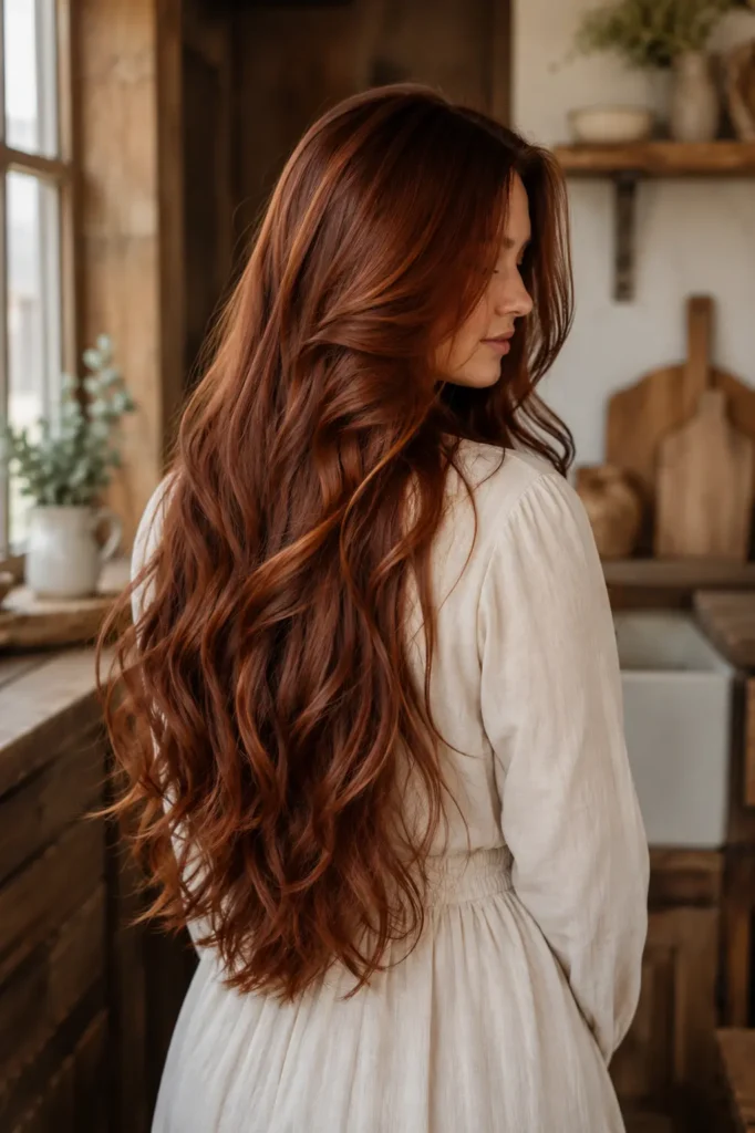 white woman with extremely long auburn brown wavy hair featuring rich brunette, copper, and deep red tones, wearing a modest cream long-sleeve dress in a softly lit rustic farmhouse kitchen