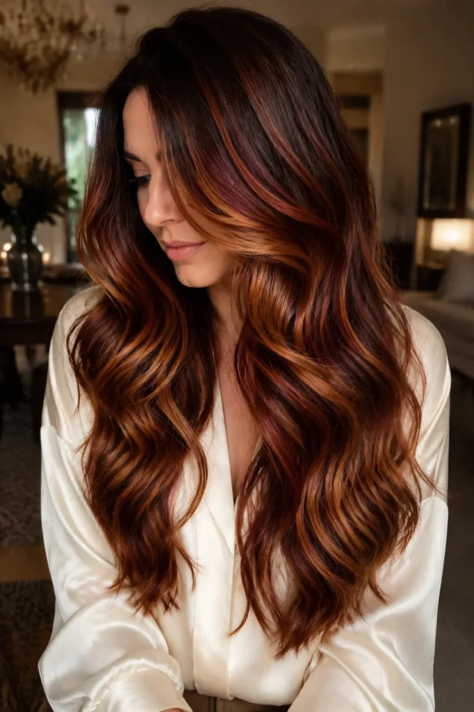 A white woman with very long layered waves featuring an autumn sunset balayage of deep brunette, copper, auburn, caramel, golden brown, and subtle burgundy tones, wearing an ivory silk blouse in a softly blurred indoor home setting.
