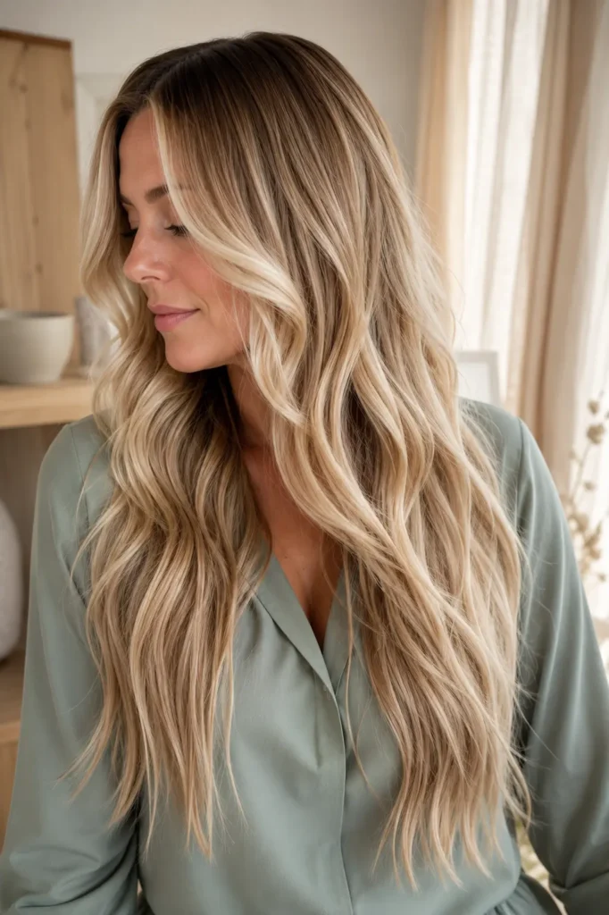 a real woman with ultra-long beige blonde balayage hair featuring creamy neutral blonde highlights, soft champagne and sandy tones, polished loose waves, and natural dark roots, wearing a sage-green blouse in a bright Scandinavian-inspired interior with soft daylight.