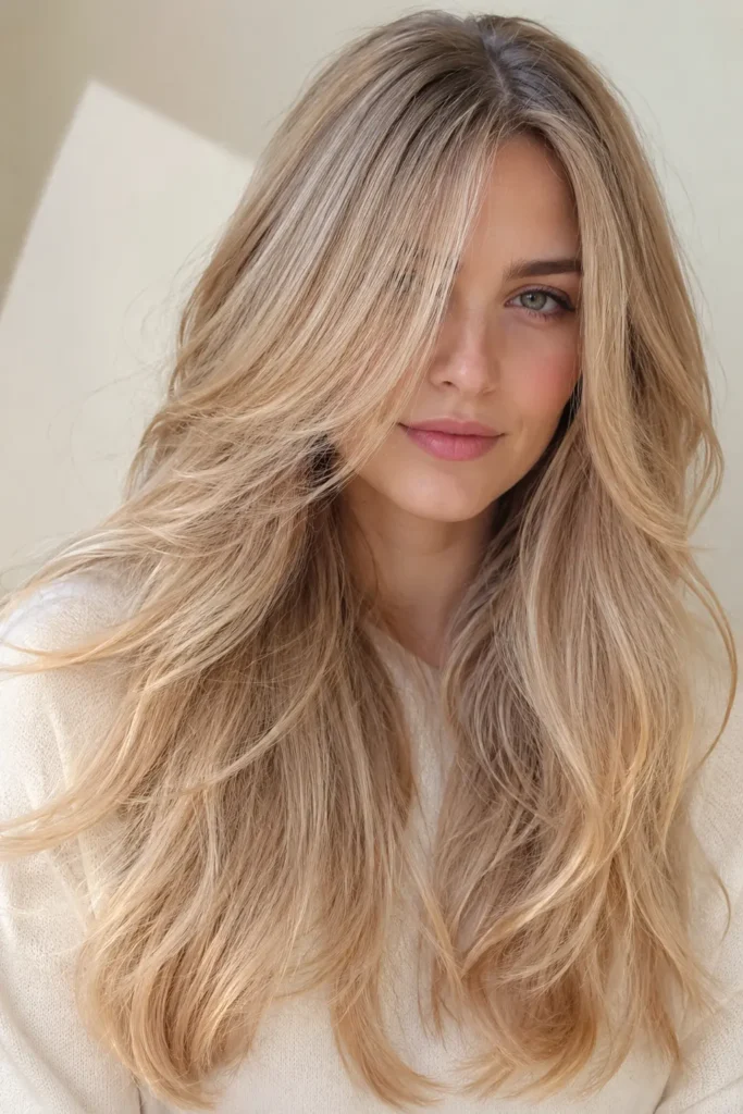 woman with beige blonde hair tint featuring creamy blonde tones, soft layered waves, silky texture, and healthy glossy shine in bright natural daylight with a neutral beige background.