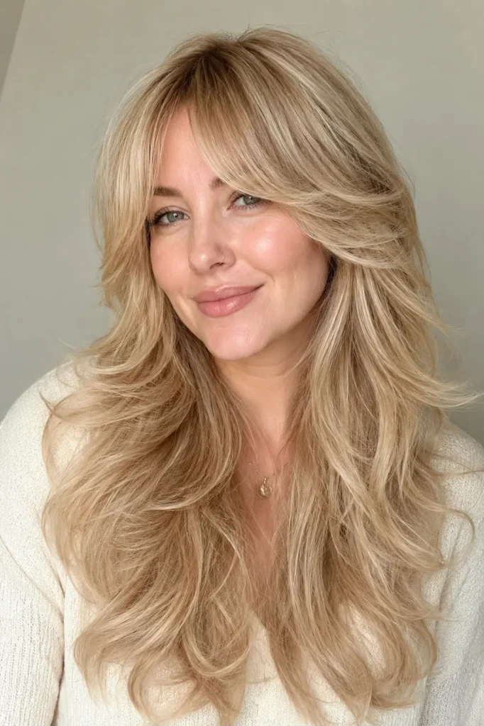 woman with a long beige blonde wolf cut, layered bangs, feathered layers, glossy texture, and soft natural volume in bright daylight.