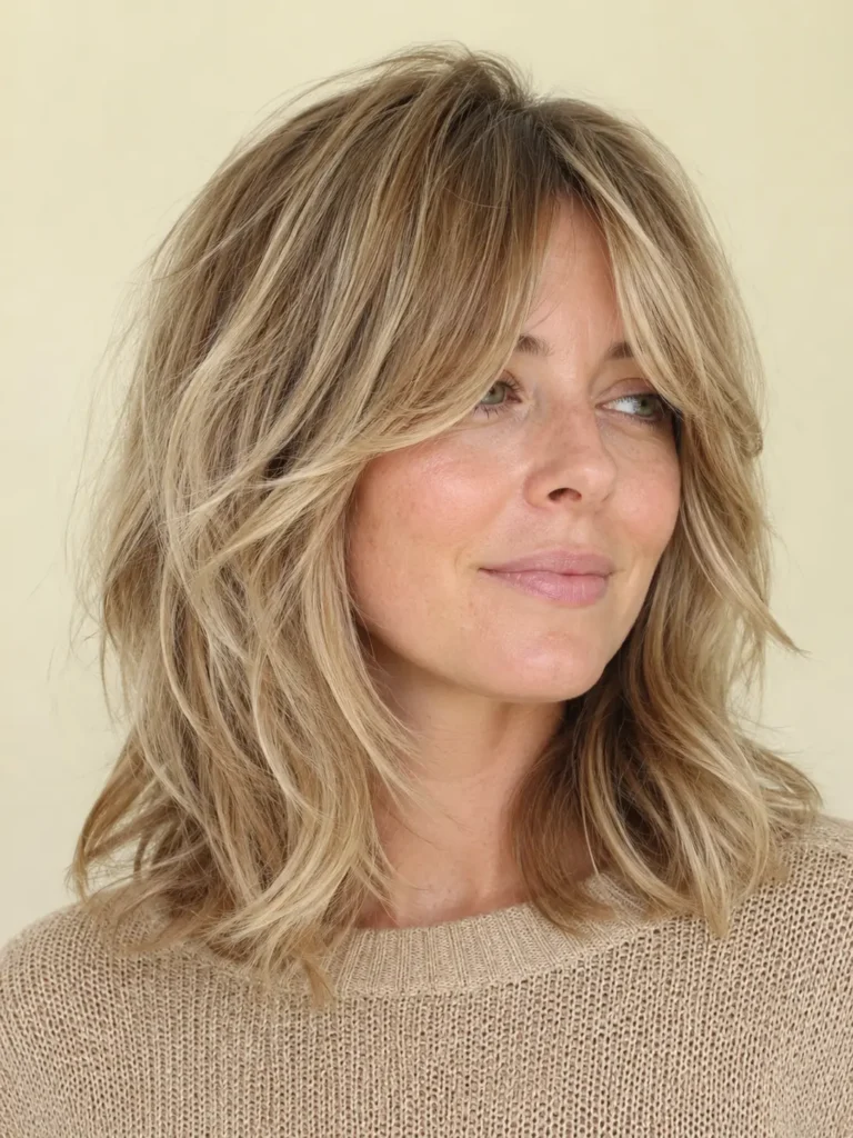 Beige blonde shoulder-length wolf cut with bottleneck bangs, soft feathered layers, natural texture, and glossy movement on a real woman.