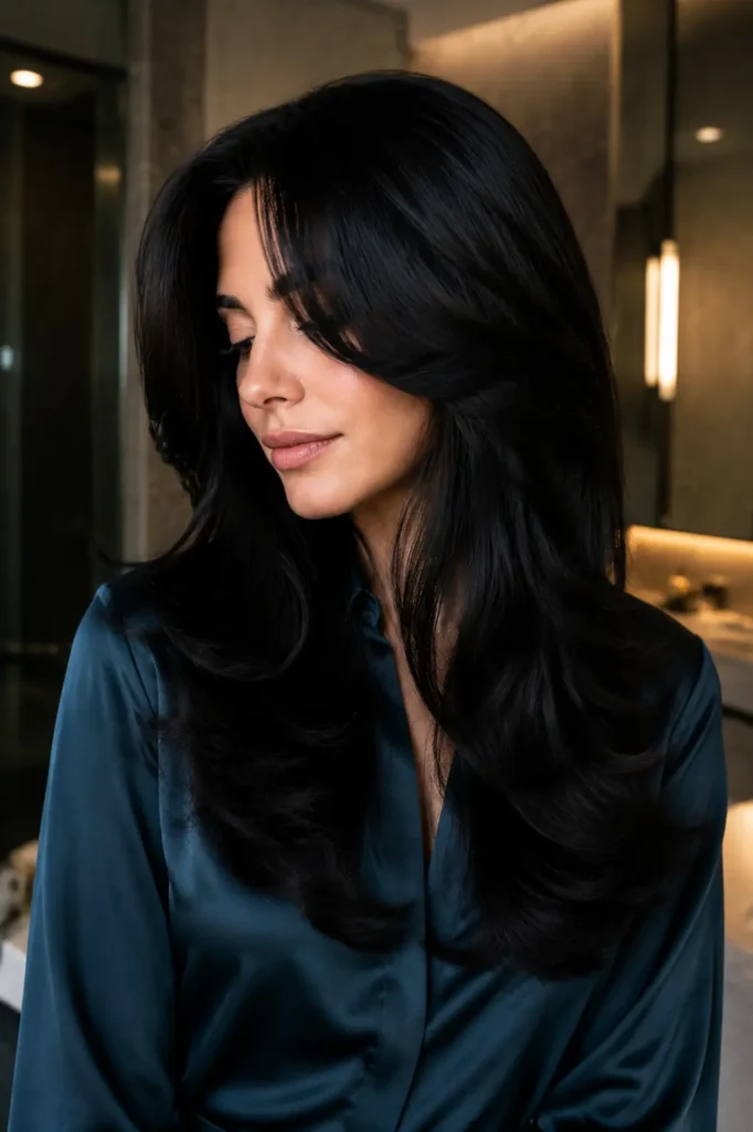 Close-up portrait of a white woman with long glossy jet-black butterfly layers, dramatic feathered face-framing pieces, and a smooth voluminous blowout, wearing a deep teal silk blouse in a luxury minimalist bathroom with softly blurred stone walls.