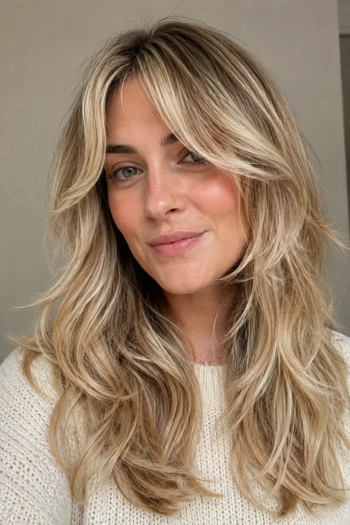 a woman with a blonde balayage wolf cut, soft curtain bangs, feathered layers, natural waves, and glossy textured hair under bright daylight.