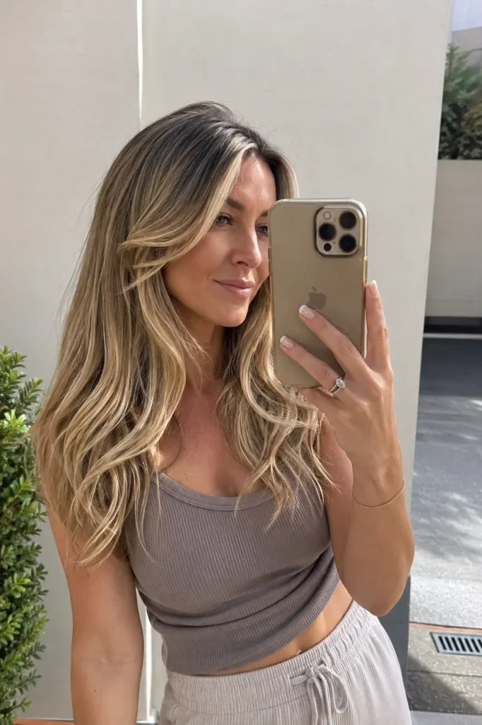 woman with blonde balayage hair, featuring darker roots, bright blonde highlights, soft layered waves,