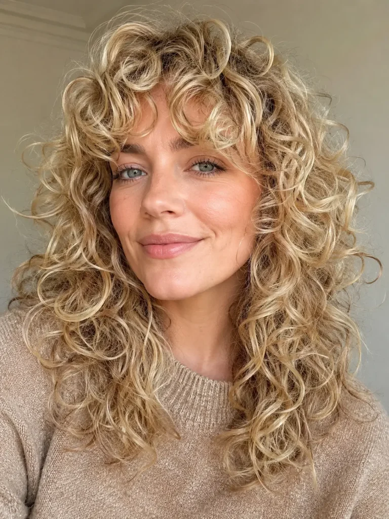 Blonde curly wolf cut with natural curly bangs, defined feathered layers, soft volume, and healthy shine on a woman