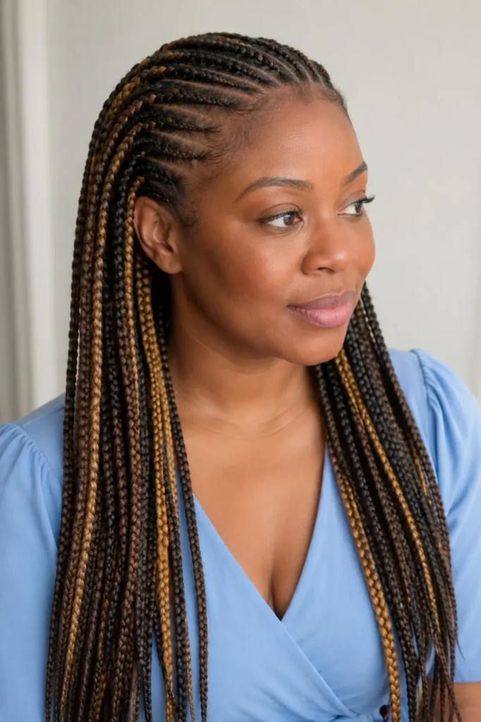 Photorealistic three-quarter salon portrait of a real Black British woman with medium cornrows featuring honey-blonde highlights on a deep brown base, natural dark roots, subtle makeup, a powder-blue dress, and a soft ivory background in bright diffused daylight.