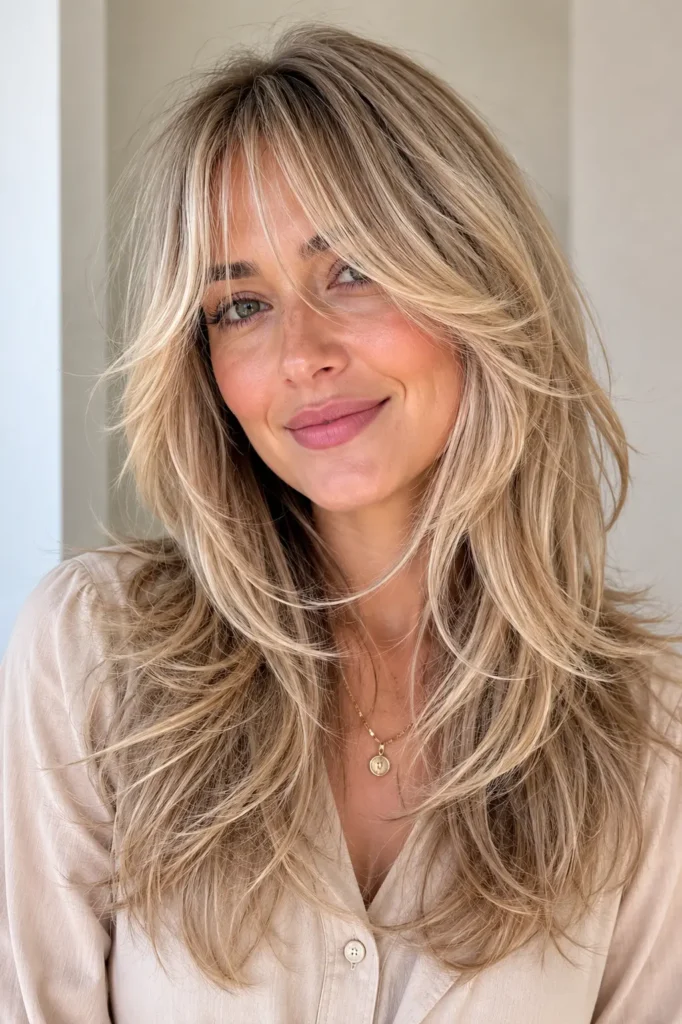 a woman with a blonde wolf cut hairstyle featuring dimensional highlights, wispy bangs, feathered layers, natural volume, and glossy texture in a realistic DSLR portrait with soft daylight and an ivory background.