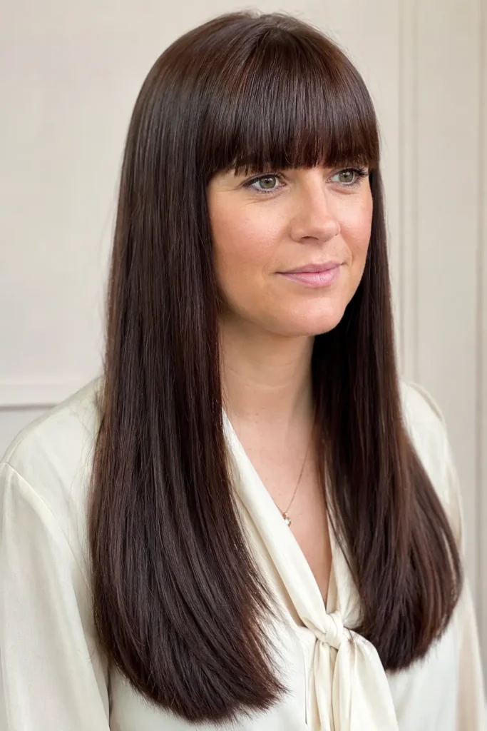 woman with a blunt full fringe and sleek long straight hair in a salon-quality