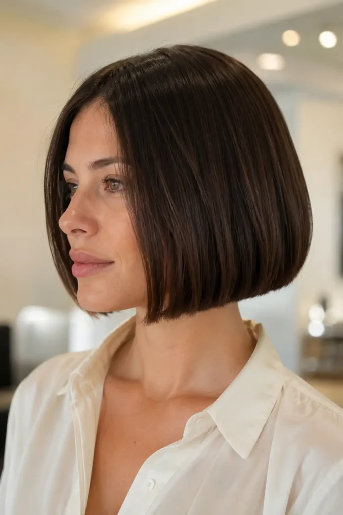 woman with a sleek blunt Italian bob haircut featuring perfectly even ends and glossy dark-brown hair, photographed in bright natural daylight against a warm ivory salon background, wearing a cream blouse with minimal makeup.