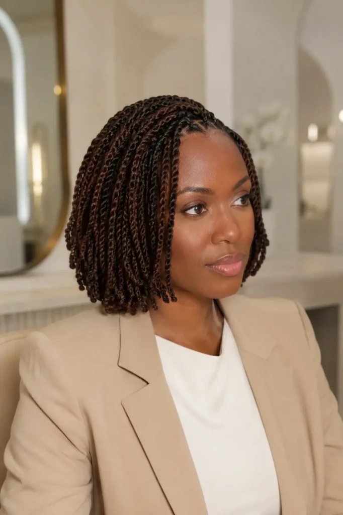 a Black woman with a chic bob twist braids hairstyle in rich brunette tones, wearing a beige blazer over a white top against an elegant ivory salon background in bright natural daylight.