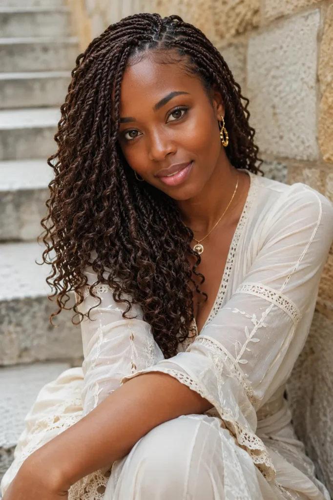 a Black woman wearing warm brunette bohemian twist braids with soft curly ends, dressed in an elegant ivory boho dress