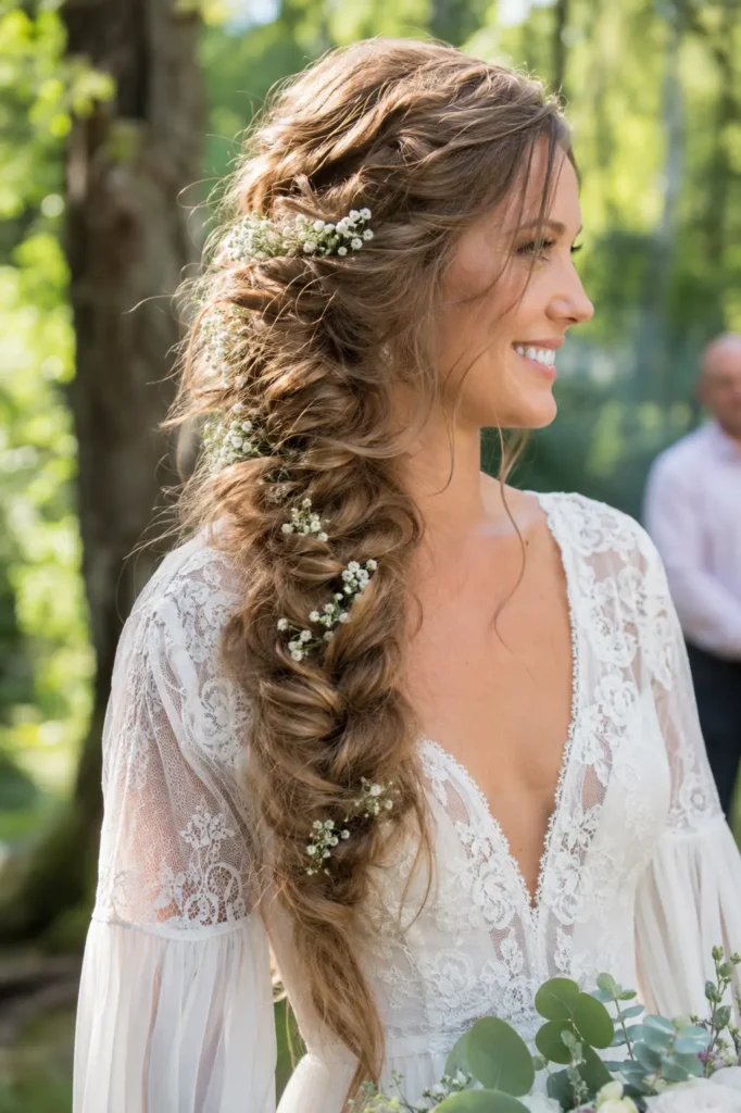 A white bride wearing a voluminous boho fishtail side braid in warm light brown hair, adorned with tiny baby's breath flowers, posing in a flowing lace wedding dress with bell sleeves during a bright forest wedding ceremony.