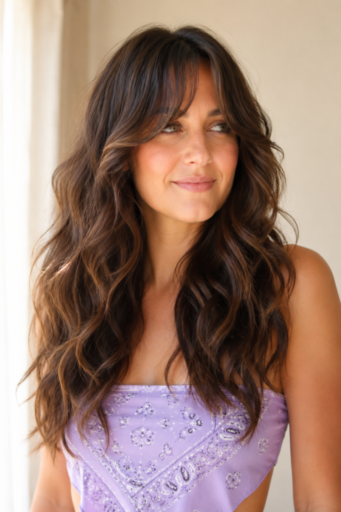 woman with thick naturally wavy hair styled with bottleneck bangs and layered waves, wearing a pastel lavender bandana-style top in a bright, softly lit salon portrait against a warm ivory background.