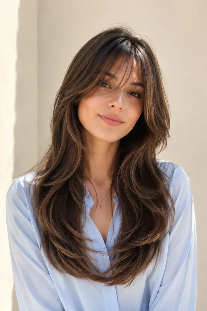 Elegant bottleneck fringe with long layered brunette hair, soft face-framing bangs, glossy flowing layers, light blue blouse, and a bright cream background.