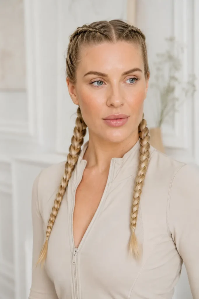 woman wearing symmetrical boxer braids in glossy dark blonde hair, dressed in a stylish beige athletic jacket against a luxurious ivory studio background with bright natural daylight and detailed braid texture.