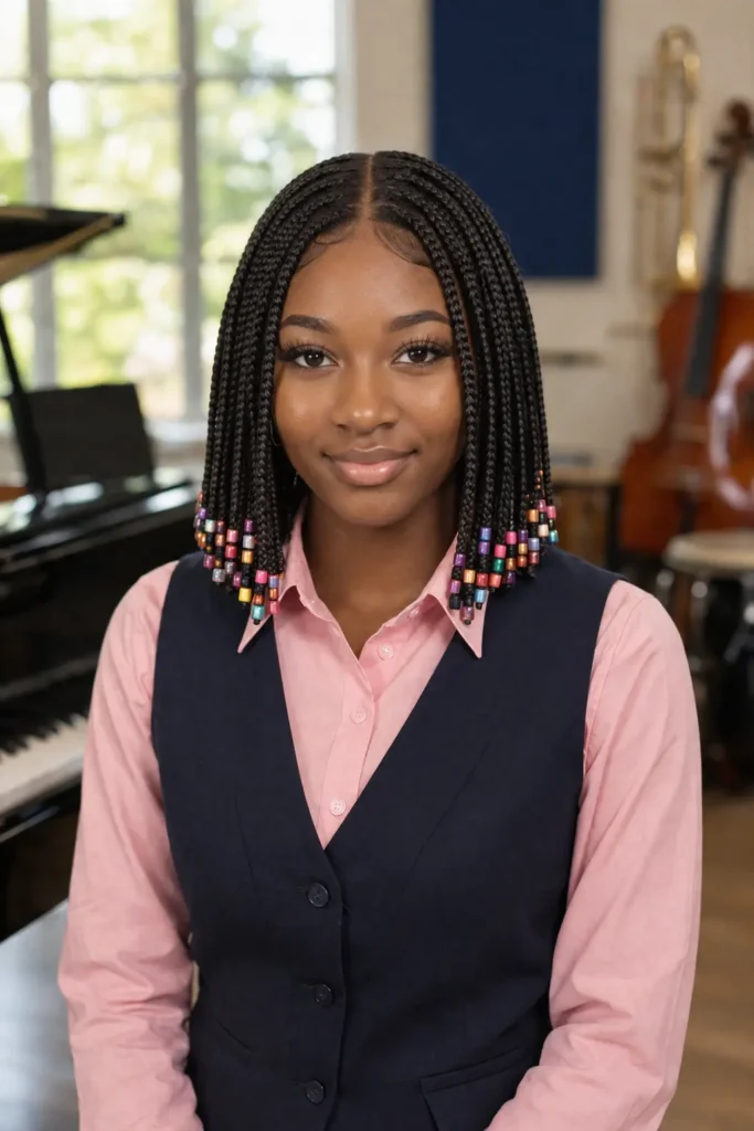 Young Black woman with a shoulder-length braided bob finished with colourful beads, wearing a pink shirt and dark vest in a bright school music room with a softly blurred piano and instruments behind her.