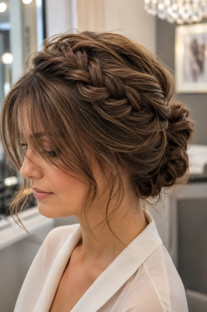 woman with light brunette hair styled in an elegant braided bun and soft wispy bangs, captured in bright natural daylight against a luxurious gray and ivory salon background