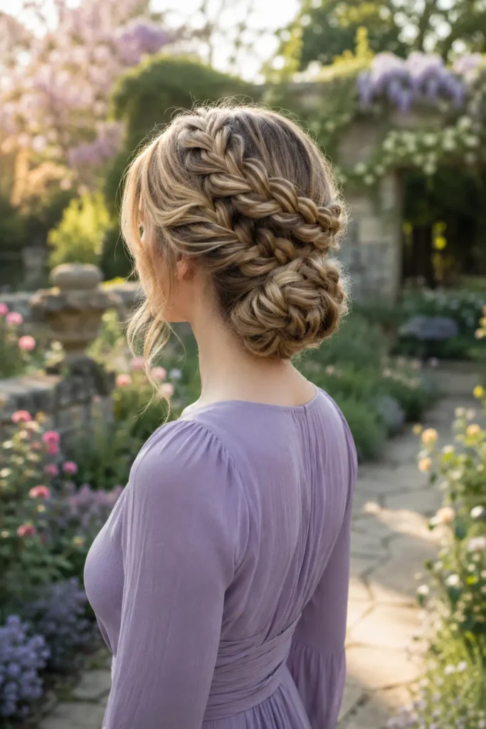 a white woman with an intricate braided crown flowing into a romantic low bun, wearing a dusty lavender long-sleeve dress, standing in a sunlit English-style garden with softly blurred flowers and stone pathways.
