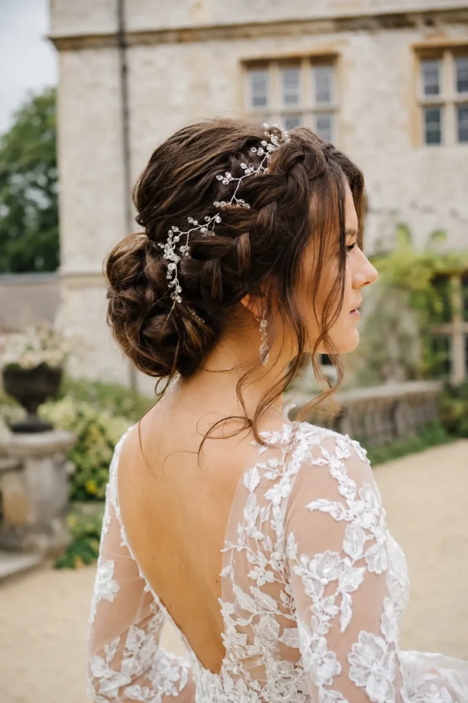 white bride with a braided crown bridal updo in rich chestnut brown hair, adorned with a crystal hair vine, wearing a floral lace wedding gown with illusion sleeves in a sunlit countryside stone manor garden.