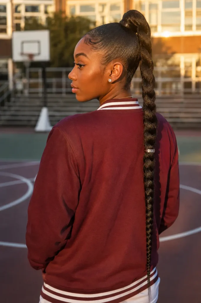Real Black woman with a sleek high braided ponytail and long single braid, wearing a burgundy varsity jacket on a school basketball court at golden hour.