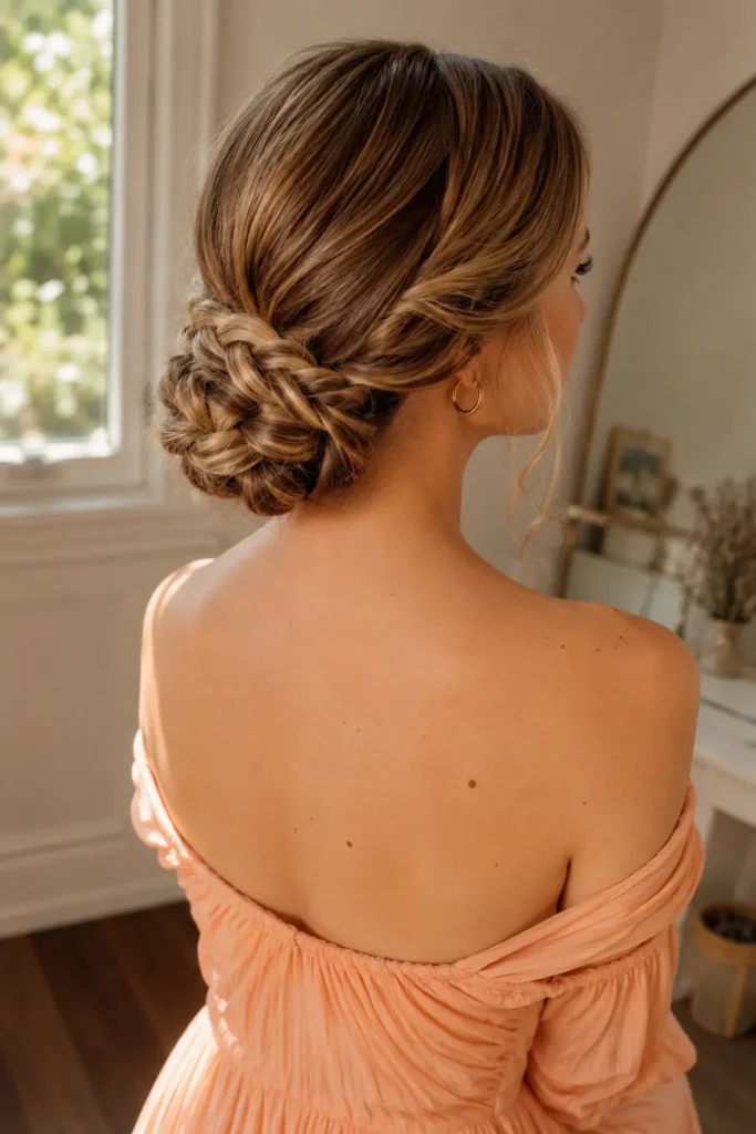 white woman with a thick braided low bun in a warm sunlit home, wearing a soft peach off-the-shoulder dress with the elegant hairstyle as the main focus.