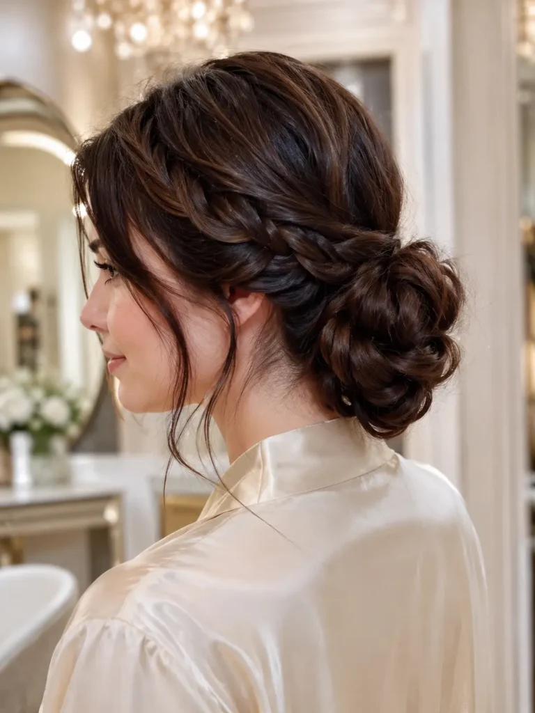 woman with a braided low bun and soft face-framing strands, glossy rich brunette hair, wearing a cream satin blouse in a bright ivory salon-inspired setting.