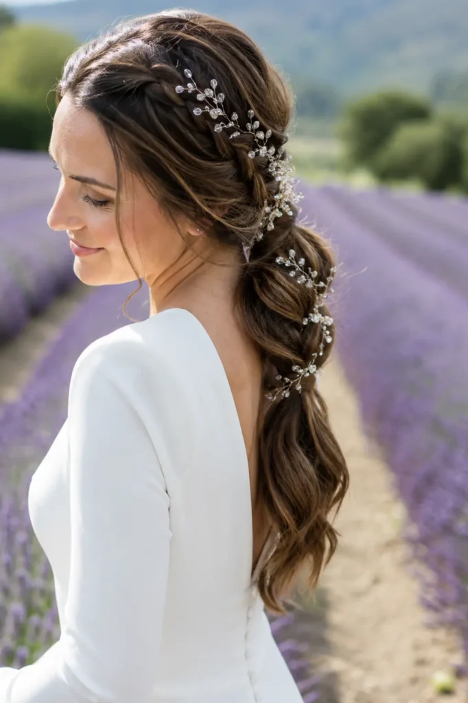 bride with glossy light brunette hair styled in a braided low ponytail with soft waves and a crystal hair vine poses in a sunlit lavender field, wearing a minimalist long-sleeve crepe wedding dress.