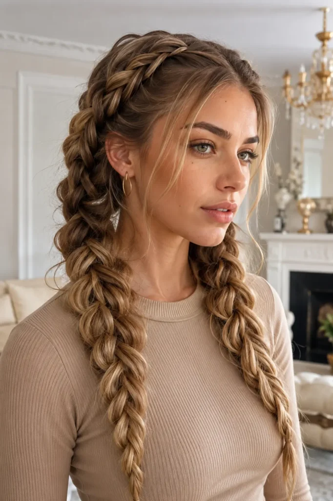woman wearing stylish braided pigtails with glossy honey blonde hair, dressed in a fashionable beige casual top against a luxurious ivory indoor background in bright natural daylight.