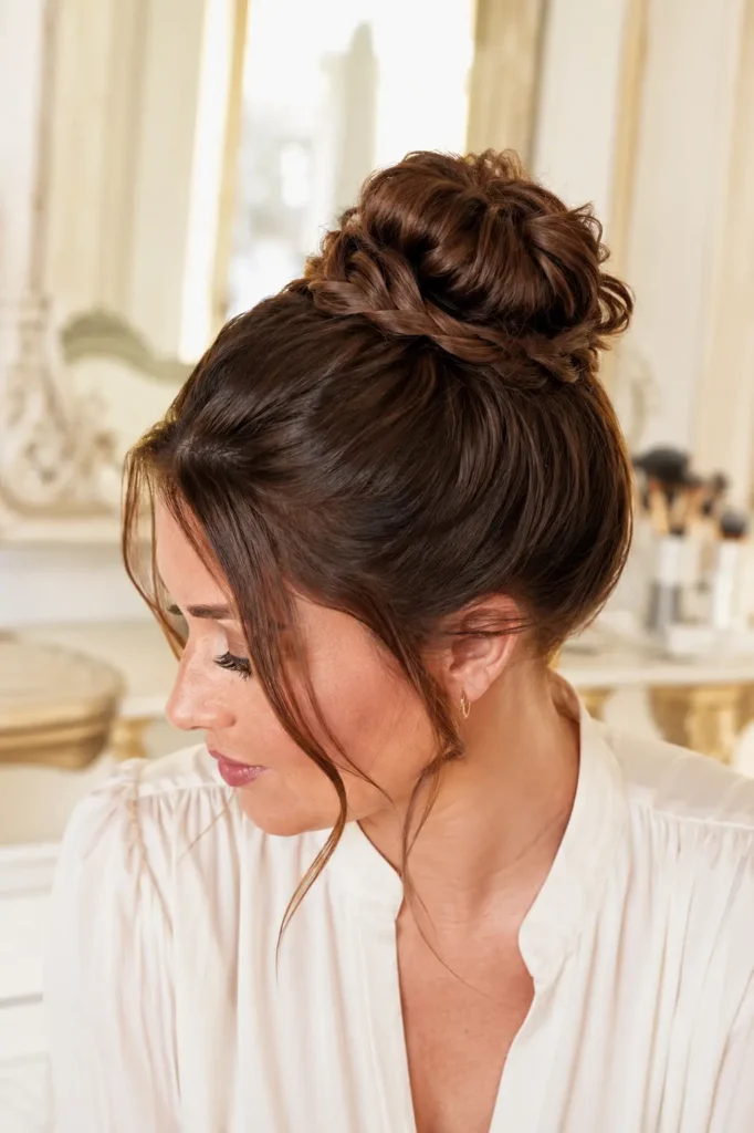 woman wearing a glossy warm brunette braided top knot with soft face-framing strands, dressed in a stylish cream blouse against a bright ivory salon-inspired background.