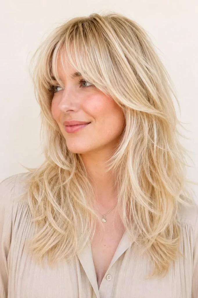 woman with a bright blonde layered wolf cut, soft see-through bangs, airy feathered layers, healthy shine, and natural texture against a soft ivory background.