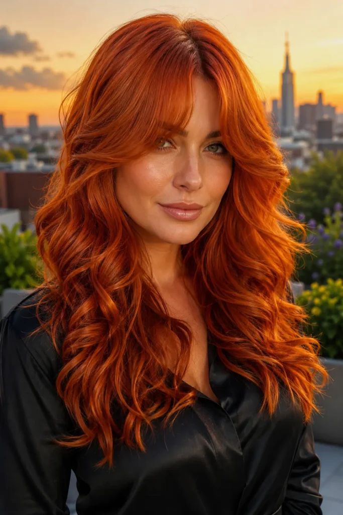 a white woman with vivid bright copper-orange hair styled in glamorous loose curls and voluminous curtain bangs with a soft center part