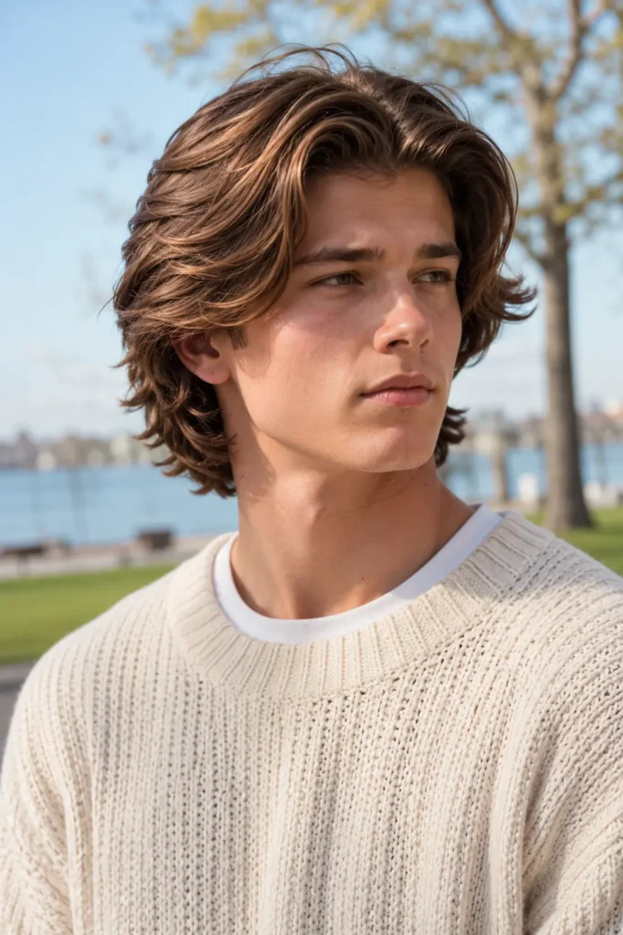a white teenage boy with a medium-length bro flow haircut, featuring naturally swept-back layered hair with soft movement and healthy shine. He wears a cream knit sweater over a white T-shirt and stands in bright natural daylight with a softly blurred lakeside park background,