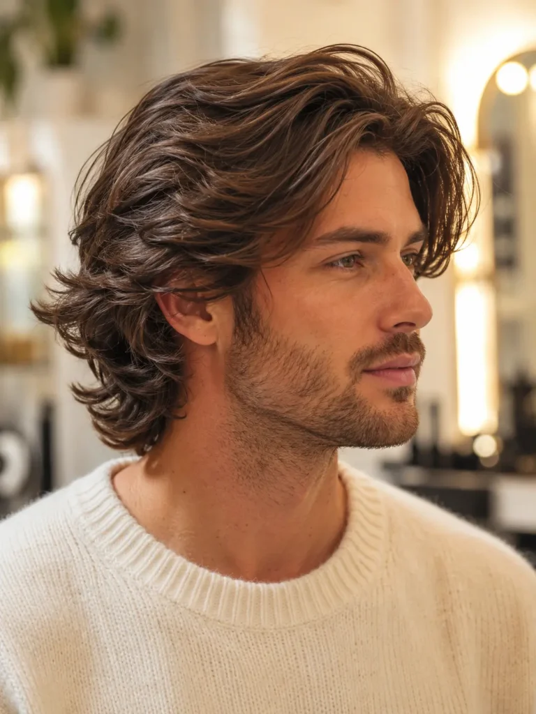 man with a medium-length bro flow hairstyle featuring natural layered movement, light beard, cream knit sweater, and realistic skin texture against a warm ivory barber studio background in bright daylight.