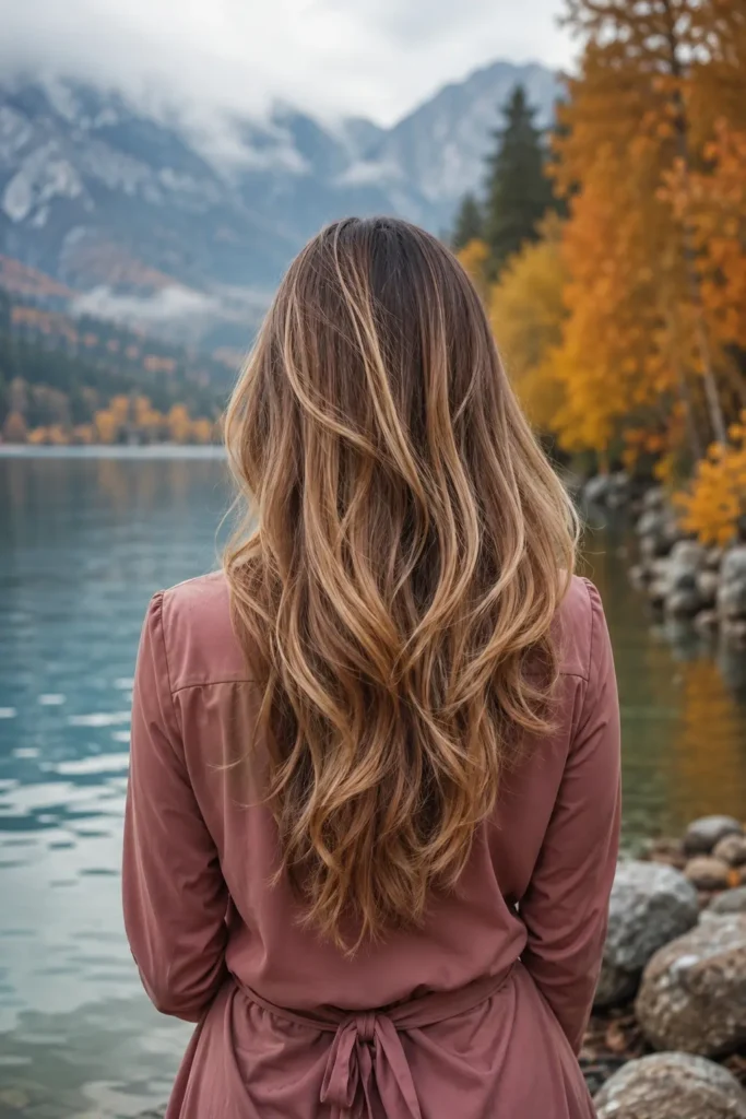 Back view of a white woman with long bronde layered waves featuring brunette, beige blonde, and warm caramel highlights, wearing a dusty rose wrap blouse