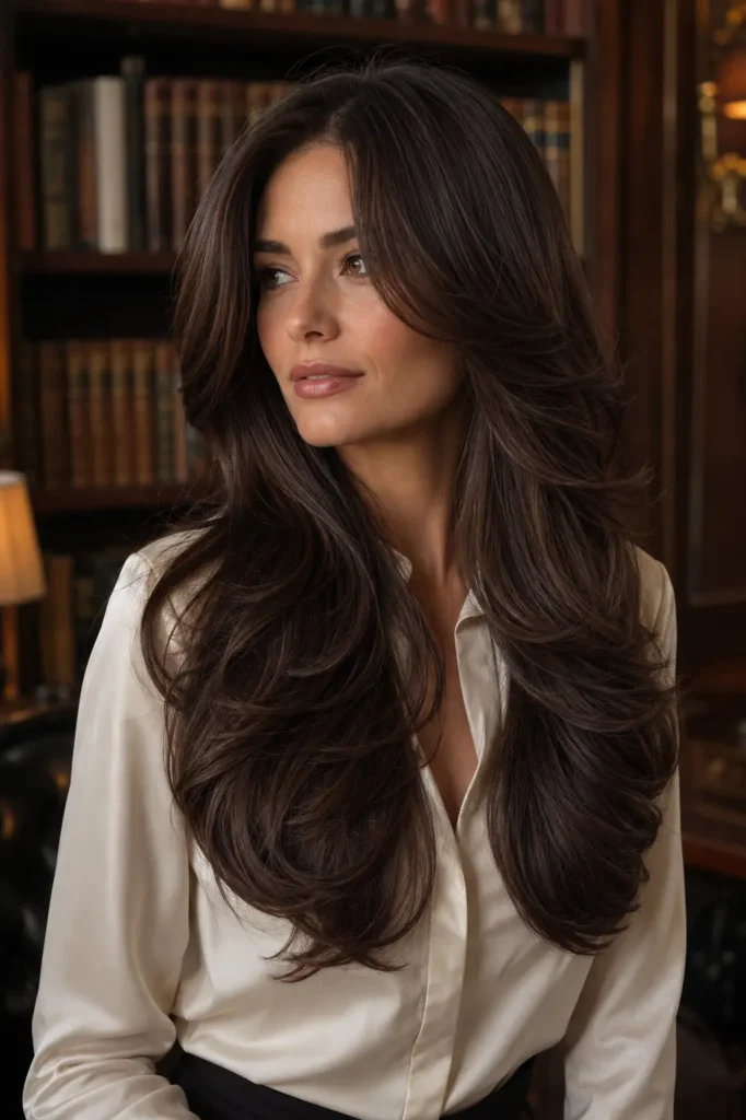 White woman with long espresso brunette butterfly layers, a glossy voluminous blowout, and feathered face-framing layers, wearing an ivory satin blouse in a softly blurred dark wood library.
