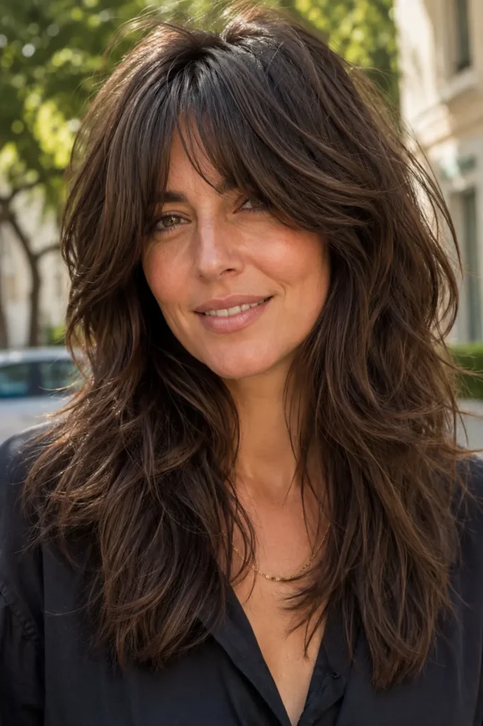 woman with a rich brunette wolf cut and soft curtain bangs, featuring feathered layers, glossy healthy hair, and natural movement in bright daylight against an elegant outdoor background.