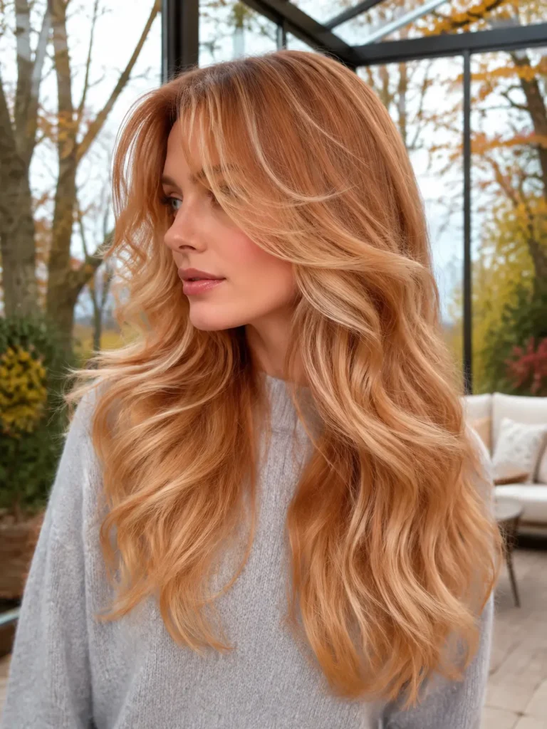 Brushed copper blonde hair in long airy waves with feathered curtain bangs, blending golden blonde, soft copper, strawberry blonde, and warm beige tones, worn with a light gray cashmere sweater in an autumn glass conservatory.