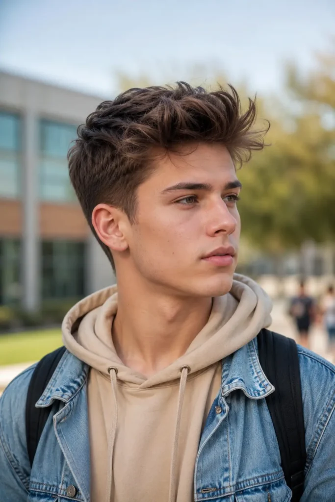 teenage boy with a brushed-up textured hairstyle and softly tapered sides, wearing a beige hoodie under a light denim jacket