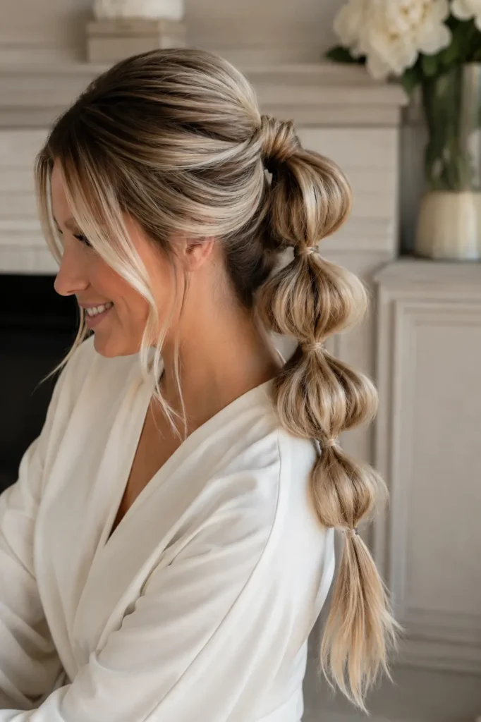woman wearing a stylish bubble braid with glossy light blonde balayage hair, dressed in a fashionable ivory blouse against a bright cream luxury background.