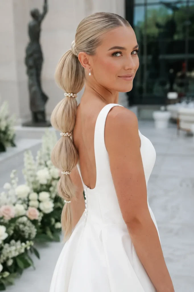 bubble bridal ponytail with long glossy platinum blonde hair, accented by pearl details, showcased on a bride in a minimalist square-neck mikado silk wedding gown at a bright contemporary art museum wedding venue.
