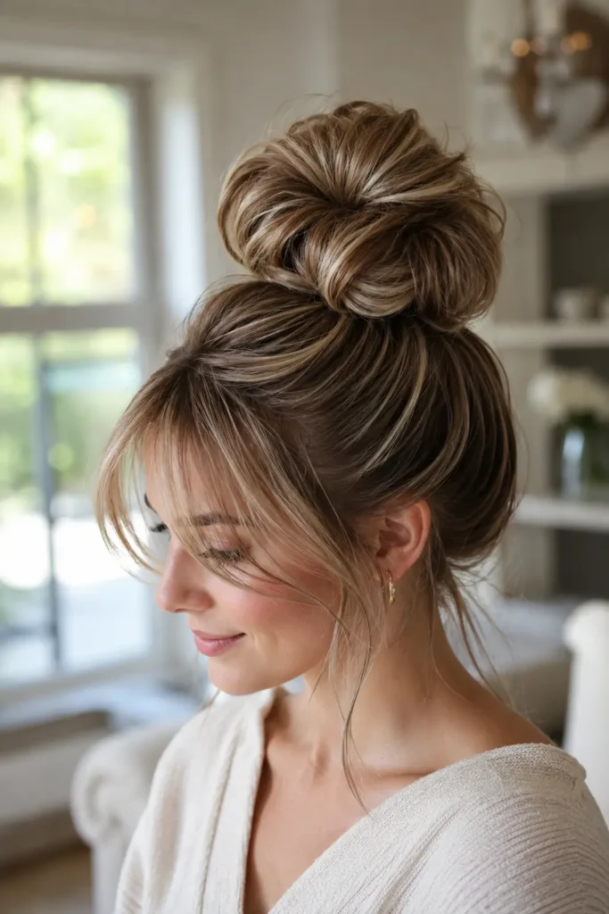 woman wearing a stylish bubble bun with soft curtain bangs and medium light brown hair, captured in bright natural daylight inside a luxurious home