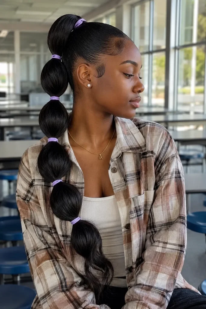 a 19-year-old Black woman wearing a cream-and-brown plaid shirt over a white camisole, showcasing a long sleek bubble ponytail secured with delicate lavender elastics.