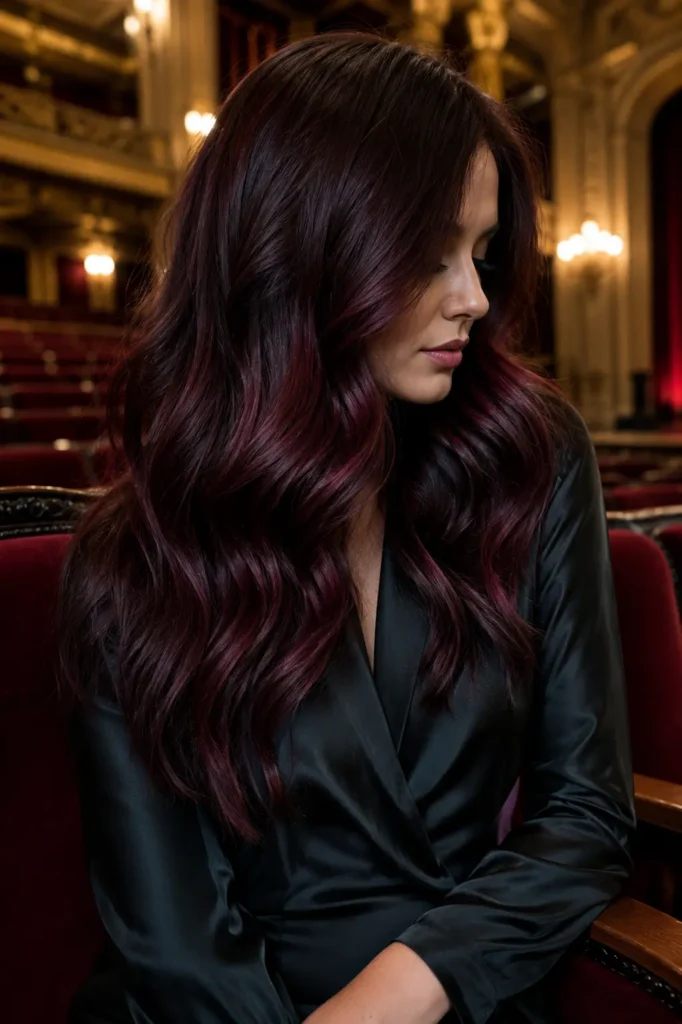 Long dark brunette Hollywood waves with dimensional burgundy balayage, featuring deep wine-red, berry, and violet highlights, photographed in an elegant historic theater with warm golden lighting.