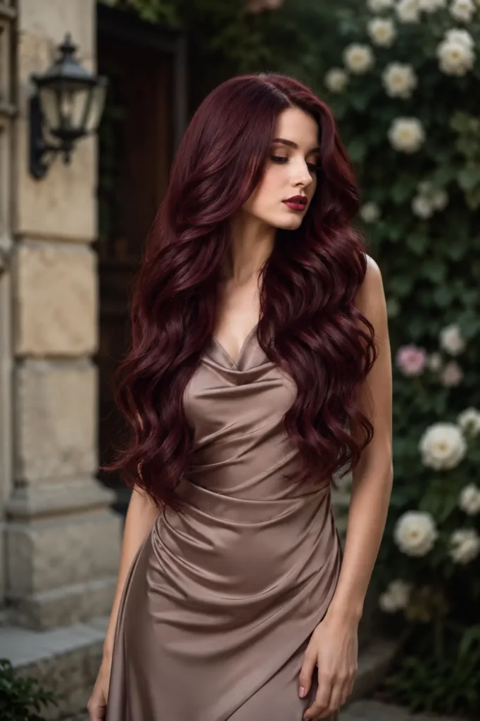 a white woman with extremely long burgundy wine hair featuring rich deep red, plum, and subtle violet tones in glossy cascading waves. She wears an elegant taupe satin dress while standing outdoors in a luxurious garden