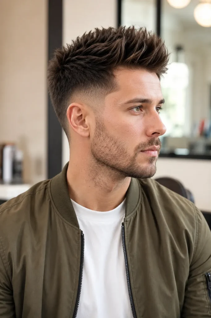 man with a burst fade faux hawk haircut featuring textured volume through the center, wearing an olive bomber jacket over a white T-shirt.