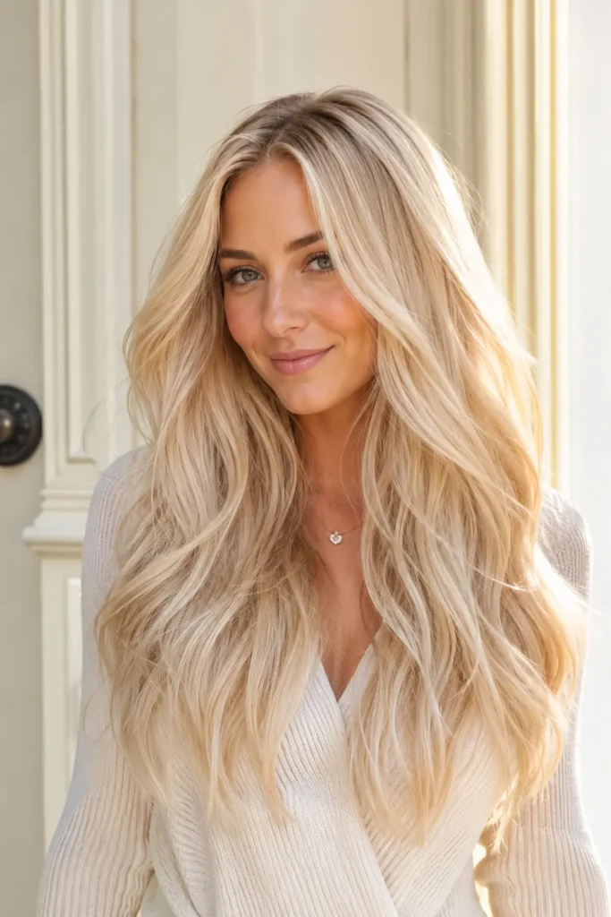 woman with butter blonde long wavy hairstyle, featuring creamy blonde tones, soft flowing layers, glossy shine, natural texture, and voluminous waves in bright daylight.